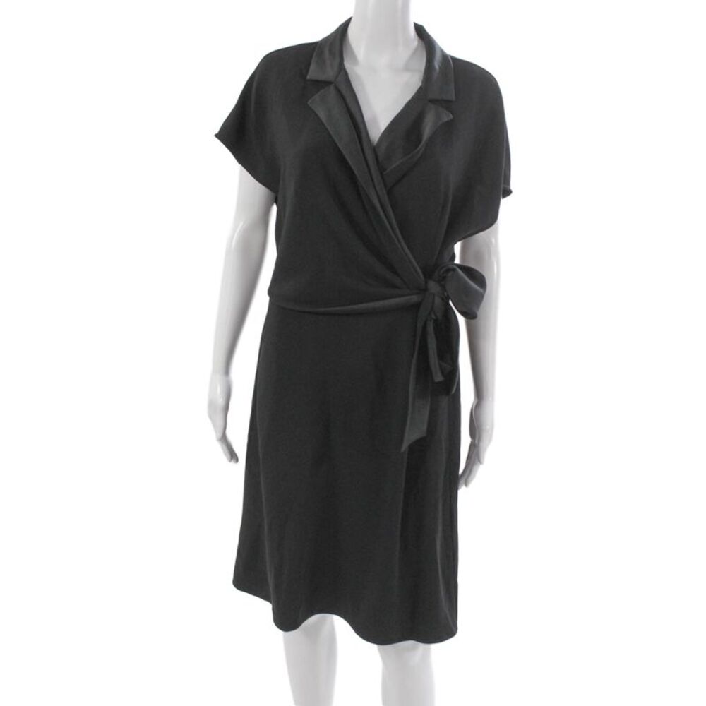 Marella Women Wrap Dress Black Short Sleeve Collared Tie Knee Length Size 10